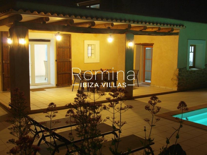 casa vergel ibiza-2pool facade porch dining area by night